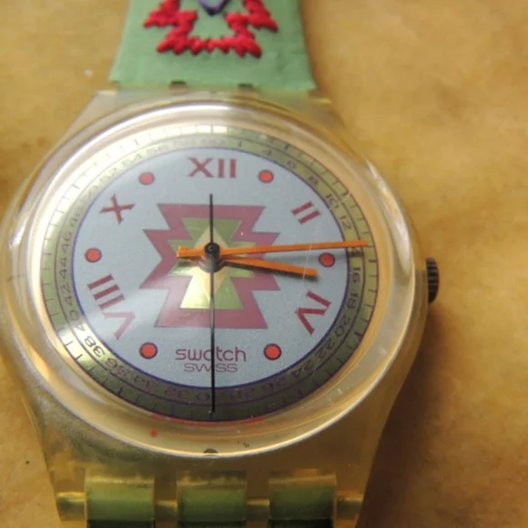 Vintage 1993 Swatch Quartz Watch CUZCO Pink Blue Face w Free Swatch Protector Vintage 1993 Swatch Quartz Watch CUZCO Pink Blue Face w Free  main image 2